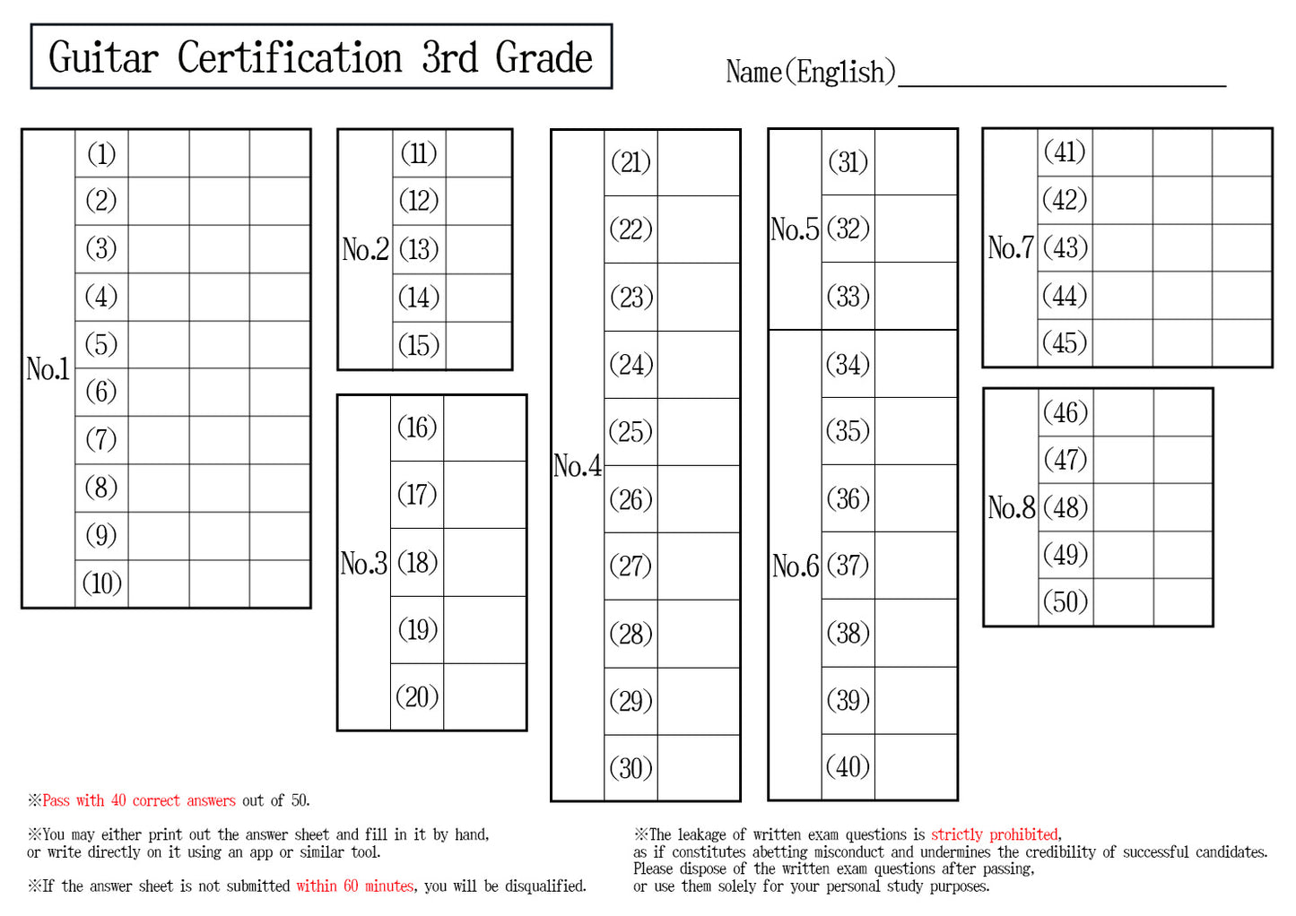 Guitar Certification 3rd Grade(Advanced)